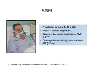 VMNI



                                           Probabilidad de éxito del 80 a 85%
                                           Mejora la acidosis respiratoria.
                                           Disminuye la estancia hospitalaria y MVP
                                            [NE=A]
                                           Disminuye la mortalidad y la necesidad de
                                            IOT [NE=A]




Plant PK. Early use of NIMV for COPD Exacerb, a RCT. Lancet 2000; 355:1931-5º
 