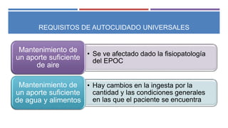 REQUISITOS DE AUTOCUIDADO UNIVERSALES
• Se ve afectado dado la fisiopatología
del EPOC
Mantenimiento de
un aporte suficiente
de aire
• Hay cambios en la ingesta por la
cantidad y las condiciones generales
en las que el paciente se encuentra
Mantenimiento de
un aporte suficiente
de agua y alimentos
 