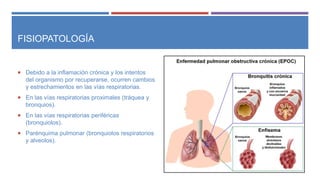 FISIOPATOLOGÍA
 Debido a la inflamación crónica y los intentos
del organismo por recuperarse, ocurren cambios
y estrechamientos en las vías respiratorias.
 En las vías respiratorias proximales (tráquea y
bronquios).
 En las vías respiratorias periféricas
(bronquiolos).
 Parénquima pulmonar (bronquiolos respiratorios
y alveolos).
 