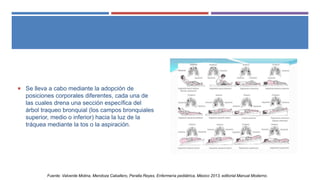  Se lleva a cabo mediante la adopción de
posiciones corporales diferentes, cada una de
las cuales drena una sección específica del
árbol traqueo bronquial (los campos bronquiales
superior, medio o inferior) hacia la luz de la
tráquea mediante la tos o la aspiración.
Fuente: Valverde Molina, Mendoza Caballero, Peralta Reyes, Enfermería pediátrica, México 2013, editorial Manual Moderno.
 