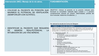 Intervención (NIC): Manejo de la vía aérea. FUNDAMENTACIÓN.
• COLOCAR AL PACIENTE EN POSICIÓN QUE
MAXIMICE EL POTENCIAL DE VENTILACIÓN.
(SEMIFOWLER CON OLFATEO).
• IDENTIFICAR AL PACIENTE QUE REQUIERA
DE MANERA REAL/POTENCIAL LA
INTUBACIÓN DE LAS VÍAS AÉREAS.
OBJETIVO: Colocar al paciente en la posición indicada para
favorecer su comodidad, realizarle algún cuidado y / o prevenir
complicaciones (úlceras por presión, deformidades, perdida del
tono muscular, trastornos circulatorios...).
Se valorará la escala de Coma de Glasgow:
 