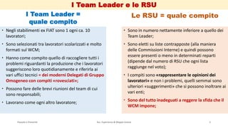 I Team Leader e le RSU
Passato e Presente Ass. Esperienza & Mappe Grezze 8
I Team Leader =
quale compito
 Negli stabilimenti ex FIAT sono 1 ogni ca. 10
lavoratori;
 Sono selezionati tra lavoratori scolarizzati e molto
formati sul WCM;
 Hanno come compito quello di raccogliere tutti i
problemi riguardanti la produzione che i lavoratori
suggeriscono loro quotidianamente e riferirla ai
vari uffici tecnici = dei moderni Delegati di Gruppo
Omogeneo con compiti «rovesciati»;
 Possono fare delle brevi riunioni del team di cui
sono responsabili;
 Lavorano come ogni altro lavoratore;
Le RSU = quale compito
 Sono in numero nettamente inferiore a quello dei
Team Leader;
 Sono eletti su liste contrapposte (alla maniera
delle Commissioni Interne) e quindi possono
essere presenti o meno in determinati reparti
(dipende dal numero di RSU che ogni lista
raggiunge nel voto);
 I compiti sono «rappresentare le opinioni dei
lavoratori» e non i problemi, quelli semmai sono
ulteriori «suggerimenti» che si possono inoltrare ai
vari enti;
 Sono del tutto inadeguati a reggere la sfida che il
WCM impone;
 