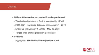Datasets
• Different time series – extracted from larger dataset
 Wood related products in Austria, compiled by KPMG
 2017-2021 – but portal data only from January 1 ,2019
 Ended up with January 1 , 2020 – May 30, 2021
 Target: price change prediction (percentage)
• Features
 Aggregated Sentiment and Frequency Counts
 