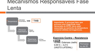Mecanismos Responsaveis Fase 
Lenta 
Importante: O principal fator que 
provoca uma magnitude mais 
demorada do EPOC deve estar 
associado ao aumento da temperatura 
corporal (efeitos termogenicos). 
Temperatura 
•Atividade 
Enzimatica 
Eficiencia 
Fosforilativa 
TMB 
•Razao 
ADP:O2 
Respiracao 
Mitocondrial 
•ATPase 
mitocondrial 
Exercicio Contra – Resistencia 
= ECR 
15 min. Extensao Joelho 
0,55˚C – 3,2˚C 
(VASTO LATERAL) 
Permanec 
eu ate 60 
min. 
 