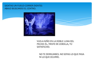 SIENTAS UN FUEGO CORRER DIENTES
ABAJO BUSCANDO EL CENTRO.




                          VUELA NIÑO EN LA DOBLE LUNA DEL
                          PECHO: ÉL, TRISTE DE CEBOLLA, TÚ
                          SATISFECHO.


                            NO TE DERRUMBES. NO SEPAS LO QUE PASA
                            NI LO QUE OCURRE.
 