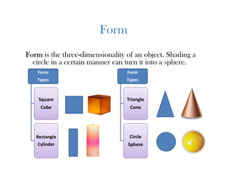 Form
Form is the three-dimensionality of an object. Shading a
  circle in a certain manner can turn it into a sphere.
    Form                         Form
   Types                         Types



    Square                       Triangle
     Cube                         Cone




   Rectangle                      Circle
    Cylinder                     Sphere
 