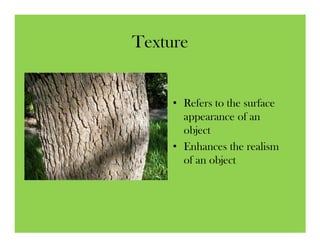 Texture


     • Refers to the surface
       appearance of an
       object
     • Enhances the realism
       of an object
 