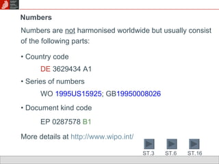 Numbers are  not  harmonised worldwide but usually consist of the following parts:  Country code DE  3629434 A1 Series of numbers  WO  1995US15925 ;  GB 19950008026   Document kind code  EP 0287578  B1 More details at  http://www.wipo.int / Numbers ST.16 ST.3 ST.6 