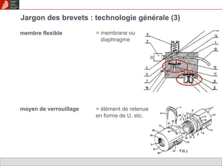 Jargon des brevets : technologie générale (3) membre flexible = membrane ou  diaphragme moyen de verrouillage = élément de retenue en forme de U, etc. 
