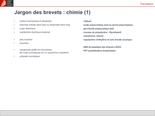 surface hydrophobe et oléophobe polymère soluble dans l'eau ou dispersible dans l'eau super absorbant copolymère styrénique expansé poly isoprène ionomère copolymère greffé de monomères de vinyle aromatiques sur un caoutchouc butadiène polyester aromatique Teflon® acide polyacrylique (sel) ou alcool polyvinylique gel d'acide polyacrylique (sel) mousse de polystyrène ; Styrofoam® caoutchouc naturel copolymère d'éthylène et sels d'acide acrylique ABS (le plastique des briques LEGO) PET (polyéthylène téréphtalate) Jargon des brevets : chimie (1) Facultative 