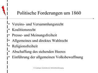 Politische Forderungen um 1860 Vereins- und Versammlungsrecht Koalitionsrecht Presse- und Meinungsfreiheit Allgemeines und direktes Wahlrecht Religionsfreiheit Abschaffung des stehenden Heeres Einführung der allgemeinen Volksbewaffnung 