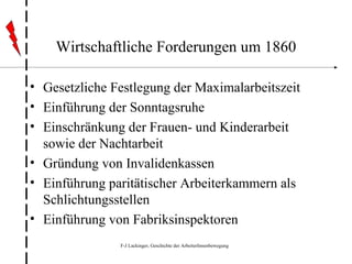 Wirtschaftliche Forderungen um 1860 Gesetzliche Festlegung der Maximalarbeitszeit Einführung der Sonntagsruhe Einschränkung der Frauen- und Kinderarbeit sowie der Nachtarbeit Gründung von Invalidenkassen Einführung paritätischer Arbeiterkammern als Schlichtungsstellen Einführung von Fabriksinspektoren 