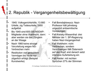 2. Republik - Vergangenheitsbewältigung 1945: Volksgerichtshöfe; 13.660 Urteile, zig Todesurteile, 1955 aufgelöst Bis 1949 sind 600.000 NSDAP-Mitglieder ohne Wahlrecht, dann aber werden sie das Zünglein an der Waage Nach 1960 keine einzige Verurteilung wegen NS-Verbrechen mehr Restitution von geraubtem Vermögen bis heute nur zögerlich erfolgt (Beispiel Kunstwerke) Fall Borodajkiewycz: Nazi-Professor hält jahrelang ungestört antisemitische Vorlesungen Fall Kreisky-Wiesenthal: drei Minister der 1. SP-Regierung haben Nazi-Vergangenheit Fall Waldheim: nicht Verbrechen, sondern Verschweigen fällt Österreich auf den Kopf; erst danach setzt intensive Aufarbeitung ein Fall Haider: mit rechten Sprüchen 27% der Stimmen 