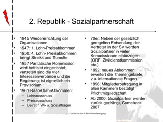 2. Republik - Sozialpartnerschaft 1945 Wiedererrichtung der Organisationen 1947: 1. Lohn-Preisabkommen 1950: 4. Lohn- Preisabkommen bringt Streiks und Tumulte 1957 Paritätische Kommission wird befristet eingerichtet; vertreten sind die vier Interessenverbände und die Regierung; ist eigentlich ein Provisorium 1961 Raab-Olah-Abkommen: Lohnausschuss Preisausschuss Beirat f. Wi- u. Sozialfragen 70er: Neben der gesetzlich geregelten Entsendung der Vertreter in der SV werden Sozialpartner in vielen Kommissionen einbezogen (ORF, Zivildienstkommission etc.) 1992: neues Abkommen erweitert die Themengebiete, v.a. internationale Fragen 1996: Mitgliederbefragung in allen Kammern bestätigt Pflichtmitgliedschaft Ab 2000: Sozialpartner werden zurück gedrängt, Comeback 2007 