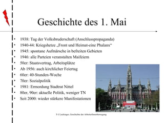 Geschichte des 1. Mai 1938: Tag der Volksbruderschaft (Anschlusspropaganda) 1940-44: Kriegshetze „Front und Heimat-eine Phalanx“ 1945: spontane Aufmärsche in befreiten Gebieten 1946: alle Parteien veranstalten Maifeiern 50er: Staatsvertrag, Arbeitsplätze Ab 1956: auch kirchlicher Feiertag 60er: 40-Stunden-Woche 70er: Sozialpolitik 1981: Ermordung Stadtrat Nittel 80er, 90er: aktuelle Politik, weniger TN Seit 2000: wieder stärkere Manifestationen 