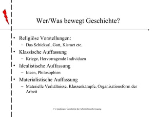 Wer/Was bewegt Geschichte? Religiöse Vorstellungen: Das Schicksal, Gott, Kismet etc. Klassische Auffassung Kriege, Hervorragende Individuen Idealistische Auffassung Ideen, Philosophien Materialistische Auffassung Materielle Verhältnisse, Klassenkämpfe, Organisationsform der Arbeit 