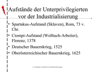 Aufstände der Unterprivilegierten vor der Industrialisierung Spartakus-Aufstand (Sklaven), Rom, 73 v. Chr. Ciompi-Aufstand (Wolltuch-Arbeiter), Florenz, 1378 Deutscher Bauernkrieg, 1525 Oberösterreichischer Bauernkrieg, 1625 
