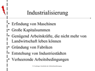 Industrialisierung Erfindung von Maschinen Große Kapitalsummen Genügend Arbeitskräfte, die nicht mehr von Landwirtschaft leben können Gründung von Fabriken Entstehung von Industriestädten Verheerende Arbeitsbedingungen 