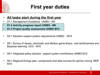 First year duties

• All tasks start during the first year
•   D1.1 Management Guidelines UNIBO - M3
•   D1.2 Activity progress report UNIBO - M6
•   D1.4 Project quality assessment UNIBO M12

•   D2.1 Decision support system requirements UNIBO - M10

•   D5.1 Survey of classic, stochastic and Markov game theory and reinforcement and
    Bayesian learning UCC - M10

•   D8.1 Integrated policy decision support system architecture UNIBO M12

•   D9.1 Regional Energy plan: components and data sources for opinion mining RER
    M10
 