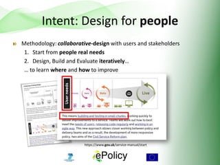 Intent: Design for people
Methodology: collaborative-design with users and stakeholders
1. Start from people real needs
2. Design, Build and Evaluate iteratively…
… to learn where and how to improve
https://www.gov.uk/service-manual/start
 