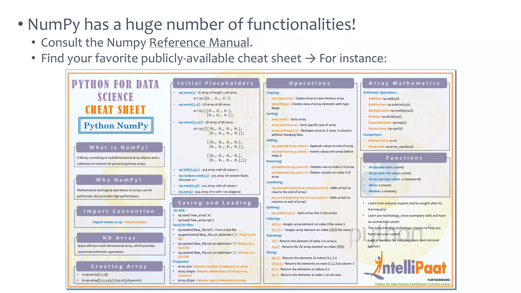 • NumPy has a huge number of functionalities!
• Consult the Numpy Reference Manual.
• Find your favorite publicly-available cheat sheet → For instance:
 