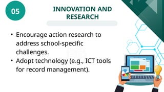 • Encourage action research to
address school-specific
challenges.
• Adopt technology (e.g., ICT tools
for record management).
INNOVATION AND
RESEARCH
05
 