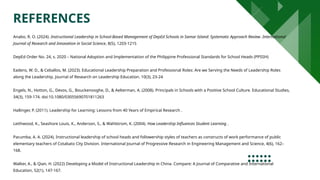 REFERENCES
Anabo, R. O. (2024). Instructional Leadership in School-Based Management of DepEd Schools in Samar Island: Systematic Approach Review. International
Journal of Research and Innovation in Social Science, 8(5), 1203-1215
DepEd Order No. 24, s. 2020 – National Adoption and Implementation of the Philippine Professional Standards for School Heads (PPSSH)
Eadens, W. D., & Ceballos, M. (2023). Educational Leadership Preparation and Professional Roles: Are we Serving the Needs of Leadership Roles
along the Leadership. Journal of Research on Leadership Education. 10(3), 23-24
Engels, N., Hotton, G., Devos, G., Bouckenooghe, D., & Aelterman, A. (2008). Principals in Schools with a Positive School Culture. Educational Studies,
34(3), 159-174. doi:10.1080/03055690701811263
Hallinger, P. (2011). Leadership for Learning: Lessons from 40 Years of Empirical Research .
Leithwood, K., Seashore Louis, K., Anderson, S., & Wahlstrom, K. (2004). How Leadership Influences Student Learning .
Pacumba, A. A. (2024). Instructional leadership of school heads and followership styles of teachers as constructs of work performance of public
elementary teachers of Cotabato City Division. International Journal of Progressive Research in Engineering Management and Science, 4(6), 162–
168.
Walker, A., & Qian, H. (2022) Developing a Model of Instructional Leadership in China. Compare: A Journal of Comparative and International
Education, 52(1), 147-167.
 