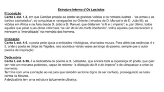 Estrutura Interna d'Os Lusíadas
Proposição
Canto I, est. 1-3, em que Camões propõe-se cantar as grandes vitórias e os homens ilustres - “as armas e os
barões assinalados”; as conquistas e navegações no Oriente (reinados de D. Manuel e de D. João III); as
vitórias em África e na Ásia desde D. João a D. Manuel, que dilataram “a fé e o império”; e, por último, todos
aqueles que pelas suas obras valorosas “se vão da lei da morte libertando”, todos aqueles que mereceram e
merecem a “imortalidade” na memória dos homens.
Invocação
Canto I, est. 4-5, o poeta pede ajuda a entidades mitológicas, chamadas musas. Para além das estâncias 4 e
5, onde o poeta se dirige às Tágides, isso acontece várias vezes ao longo do poema, sempre que o autor
precisa de inspiração:
Dedicatória
Canto I, est. 6-18, é a dedicatória do poema a D. Sebastião, que encara toda a esperança do poeta, que quer
ver nele um monarca poderoso, capaz de retomar “a dilatação da fé e do império” e de ultrapassar a crise do
momento.
Termina com uma exortação ao rei para que também se torne digno de ser cantado, prosseguindo as lutas
contra os Mouros.
A dedicatória tem uma estrutura tipicamente clássica:
 