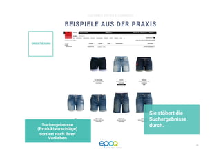 11 
CUSTOMER DRIVEN E-COMMERCE
ORIENTIERUNG
BEISPIELE AUS DER PRAXIS
Sie stöbert die
Suchergebnisse
durch.
Suchergebnisse
(Produktvorschläge)
sortiert nach ihren
Vorlieben
 