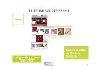 36 
CUSTOMER DRIVEN E-COMMERCE
BEISPIELE AUS DER PRAXIS
Einige Tage später:
der Newsletter
kommt an.
Produktvorschläge auf seinem
Einkaufsverhalten
(preissensibel)
VERBINDUNG
 