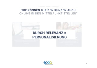 38 
CUSTOMER DRIVEN E-COMMERCE
WIE KÖNNEN WIR DEN KUNDEN AUCH
ONLINE IN DEN MITTELPUNKT STELLEN?
CUSTOMER DRIVEN E-COMMERCE
STATIONÄRER LADEN
WÄHREND DES VERKAUFSGESPRÄCH
ERFOLGT EIN DIALOG DER
UNMITTELBARE ANTWORTEN AUF
FRAGEN GIBT
ONLINE SHOP
WÄHREND DES ONLINE SHOPPENS ERFOLGT
DER DIALOG ZWISCHEN MENSCH UND
MASCHINE
VS
ERFOLG DURCH RELEVANZ*
DURCH RELEVANZ =
PERSONALISIERUNG
 