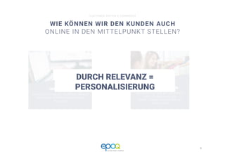 6 
CUSTOMER DRIVEN E-COMMERCE
WIE KÖNNEN WIR DEN KUNDEN AUCH
ONLINE IN DEN MITTELPUNKT STELLEN?
CUSTOMER DRIVEN E-COMMERCE
STATIONÄRER LADEN
WÄHREND DES VERKAUFSGESPRÄCH
ERFOLGT EIN DIALOG DER
UNMITTELBARE ANTWORTEN AUF
FRAGEN GIBT
ONLINE SHOP
WÄHREND DES ONLINE SHOPPENS ERFOLGT
DER DIALOG ZWISCHEN MENSCH UND
MASCHINE
VS
ERFOLG DURCH RELEVANZ*
DURCH RELEVANZ =
PERSONALISIERUNG
 
