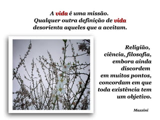 Religião,  ciência, filosofia, embora ainda discordem  em muitos pontos, concordam em que toda existência tem um objetivo.       Mazzini A  vida  é uma missão.  Qualquer outra definição de  vida desorienta aqueles que a aceitam. 