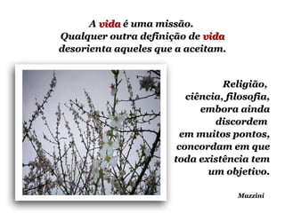 Religião,Religião,
ciência, filosofia,ciência, filosofia,
embora aindaembora ainda
discordemdiscordem
em muitos pontos,em muitos pontos,
concordam em queconcordam em que
toda existência temtoda existência tem
um objetivo.um objetivo.
MazziniMazzini
AA vidavida é uma missão.é uma missão.
Qualquer outra definição deQualquer outra definição de vidavida
desorienta aqueles que a aceitam.desorienta aqueles que a aceitam.
 