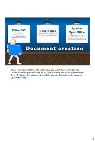 You get free access to Office 365 in the cloud as a UniSA student. You can also
choose to use Google Apps – free with a Google account and accessible via Google
Drive. Or, if your internet connection is shaky, you can download the free Apache
Open Office suite.
19
 