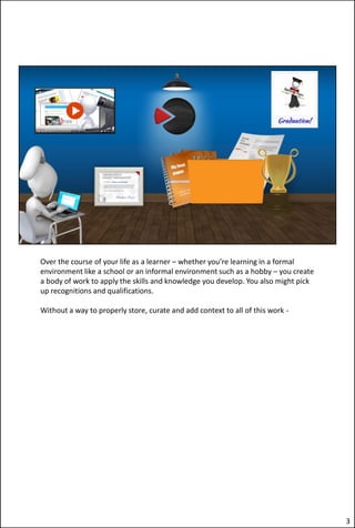 Over the course of your life as a learner – whether you’re learning in a formal
environment like a school or an informal environment such as a hobby – you create
a body of work to apply the skills and knowledge you develop. You also might pick
up recognitions and qualifications.
Without a way to properly store, curate and add context to all of this work -
3
 