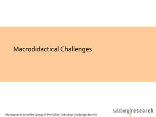 Macrodidactical Challenges




Hilzensauer & Schaffert (2009): E-Portfolios: Didactical Challenges for HEI
 