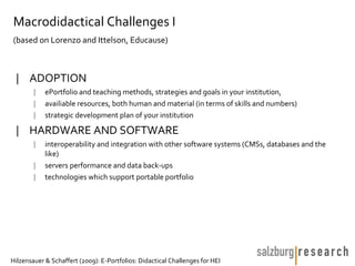 Macrodidactical Challenges I
(based on Lorenzo and Ittelson, Educause)



 | ADOPTION
        |   ePortfolio and teaching methods, strategies and goals in your institution,
        |   availiable resources, both human and material (in terms of skills and numbers)
        |   strategic development plan of your institution

 | HARDWARE AND SOFTWARE
        |   interoperability and integration with other software systems (CMSs, databases and the
            like)
        |   servers performance and data back-ups
        |   technologies which support portable portfolio




Hilzensauer & Schaffert (2009): E-Portfolios: Didactical Challenges for HEI
 