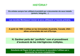 HISTÒRIA?

Els artistes sempre han utilitzat el portafoli per a documentar els seus treballs
                              (pintors, fotògrafs,…)


 Les escoles Montessori inicien la seva utilització a l’escola primària.



A partir de 1990 s’utilitza en les Univesitats (Austràlia, Canadà, USA i
                 altres universitats del nort d’Europa



    H. Gardner parla del “portfolio” com el procediment
        d’avaluació de les intel·ligències múltiples.


   Estudiants del Regne Unit que abandonen la secundària l’utilitzen per a
                    documentar les seves competències.
 