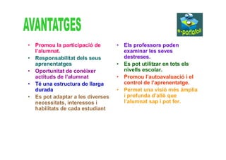 • Promou la participació de       • Els professors poden
  l’alumnat.                        examinar les seves
• Responsabilitat dels seus         destreses.
  aprenentatges                   • Es pot utilitzar en tots els
• Oportunitat de conèixer           nivells escolar.
  actituds de l’alumnat           • Promou l’autoavaluació i el
• Té una estructura de llarga       control de l’aprenentatge.
  durada                          • Permet una visió més àmplia
• Es pot adaptar a les diverses     i profunda d’allò que
  necessitats, interessos i         l’alumnat sap i pot fer.
  habilitats de cada estudiant
 