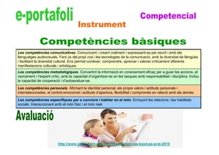 Les competències comunicatives. Comunicant i creant oralment i expressant-se per escrit i amb els
llenguatges audiovisuals. Fent ús del propi cos i les tecnologies de la comunicació, amb la diversitat de llengües
i facilitant la diversitat cultural. Ens permet conèixer, comprendre, apreciar i valorar críticament diferents
manifestacions culturals i artístiques.
Les competències metodològiques. Convertint la informació en coneixement eficaç per a guiar les accions, el
raonament i l’esperit crític, amb la capacitat d’organitzar-se en les tasques amb responsabilitat i disciplina. Inclou
la capacitat de cooperació i d’autoavaluar-se.

Les competències personals. Afirmant la identitat personal, els propis valors i actituds personals i
interrelacionades, el control emocional i actituds d’apertura, flexibilitat i compromès en relació amb els demés.

Les competències específiques per a conviure i habitar en el món. Enriquint les relacions i les habilitats
socials. Interaccionant amb el món físic i el món real.




                          http://www.slideshare.net/nalart/competencias-basicas-prat-2010
 