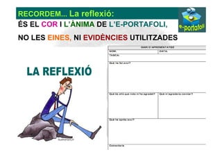 RECORDEM... La reflexió:
ÉS EL COR I L’ÀNIMA DE L’E-PORTAFOLI,
NO LES EINES, NI EVIDÈNCIES UTILITZADES
 
