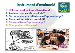 1. Utilitzem avaluacions alternatives?
2. Avaluem només els resultats?
3. De quina manera reflexionem l’aprenentatge?
4. Per a què serveix un portafoli?
5. Personalitzem l’aprenentatge?
6. Com podem utilitzar-lo?
 