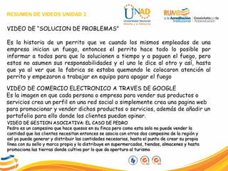 RESUMEN DE VIDEOS UNIDAD 2
VIDEO DE “SOLUCION DE PROBLEMAS”
Es la historia de un perrito que ve cuando los mismos empleados de una
empresa inician un fuego, entonces el perrito hace todo lo posible por
informar a todos para que lo solucionen a tiempo y a paguen el fuego, pero
estos no asumen sus responsabilidades y el uno le dice al otro y así, hasta
que ya al ver que la fabrica se estaba quemando le colocaron atención al
perrito y empezaron a trabajar en equipo para apagar el fuego
VIDEO DE COMERCIO ELECTRONICO A TRAVES DE GOOGLE
Es la imagen en que cada persona o empresa para vender sus productos o
servicios crea un perfil en una red social o simplemente crea una pagina web
para promocionar y vender dichos productos o servicios, además de añadir un
portafolio para ello donde los clientes puedan opinar.
VIDEO DE GESTION ASOCIATIVA: EL CASO DE PEDRO
Pedro es un campesino que hace quesos en su finca pero como esta solo no puede vender la
cantidad que los clientes necesitan entonces se asocia con otros dos campesino de la región y
así ya puede generar y distribuir las cantidades necesarias, hasta el punto de crear su propia
línea con su sello y marco propia y la distribuye en supermercados, tiendas, almacenes y hasta
promociona las tierras donde cultiva por lo que da apertura al turismo
 