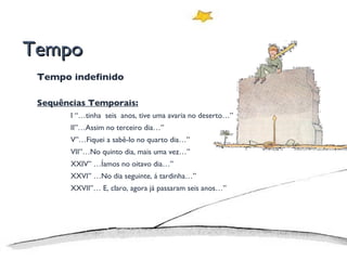Tempo Tempo indefinido Sequências Temporais: I “…tinha  seis  anos, tive uma avaria no deserto…” II”…Assim no terceiro dia…” V”…Fiquei a sabê-lo no quarto dia…” VII”…No quinto dia, mais uma vez…” XXIV” …Íamos no oitavo dia…” XXVI” …No dia seguinte, á tardinha…” XXVII”… E, claro, agora já passaram seis anos…” 