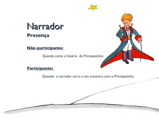 Narrador Presença Não-participante:  Quando conta a história  do Principezinho; Participante:  Quando  o narrador narra o seu encontro com o Principezinho. 