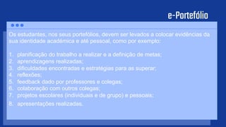 e-Portefólio
Os estudantes, nos seus portefólios, devem ser levados a colocar evidências da
sua identidade académica e até pessoal, como por exemplo:
1. planificação do trabalho a realizar e a definição de metas;
2. aprendizagens realizadas;
3. dificuldades encontradas e estratégias para as superar;
4. reflexões;
5. feedback dado por professores e colegas;
6. colaboração com outros colegas;
7. projetos escolares (individuais e de grupo) e pessoais;
8. apresentações realizadas.
 