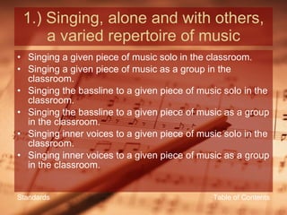 1.) Singing, alone and with others, a varied repertoire of music Singing a given piece of music solo in the classroom. Singing a given piece of music as a group in the classroom. Singing the bassline to a given piece of music solo in the classroom. Singing the bassline to a given piece of music as a group in the classroom. Singing inner voices to a given piece of music solo in the classroom. Singing inner voices to a given piece of music as a group in the classroom. Table of Contents Standards 