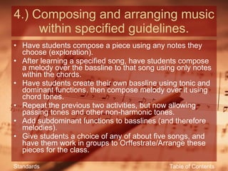 4.) Composing and arranging music within specified guidelines. Have students compose a piece using any notes they choose (exploration). After learning a specified song, have students compose a melody over the bassline to that song using only notes within the chords. Have students create their own bassline using tonic and dominant functions, then compose melody over it using chord tones. Repeat the previous two activities, but now allowing passing tones and other non-harmonic tones. Add subdominant functions to basslines (and therefore melodies). Give students a choice of any of about five songs, and have them work in groups to Orffestrate/Arrange these pieces for the class. Table of Contents Standards 