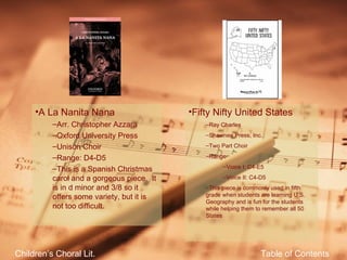 Children’s Choral Lit. Table of Contents A La Nanita Nana Arr. Christopher Azzara Oxford University Press Unison Choir Range: D4-D5 This is a Spanish Christmas carol and a gorgeous piece.  It is in d minor and 3/8 so it offers some variety, but it is not too difficult. Fifty Nifty United States Ray Charles Shawnee Press, Inc. Two Part Choir Range Voice I: C4-E5 Voice II: C4-D5 This piece is commonly used in fifth grade when students are learning U.S. Geography and is fun for the students while helping them to remember all 50 States 